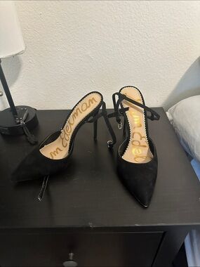 Sam Edelman Black Suede Pointed Toe Stiletto Slingback Heels with Ankle Strap